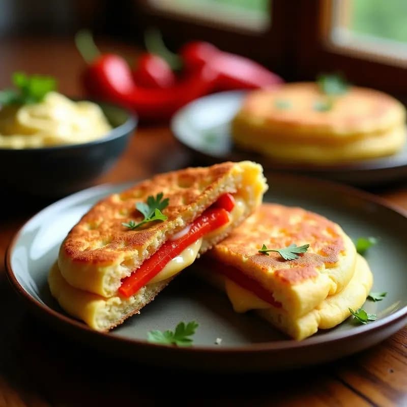Arepa de mijo dorada y crujiente abierta por la mitad, rellena de queso vegano cremoso y tiras de pimiento rojo asado, sobre un plato de cerámica rústica con fondo de madera oscura.