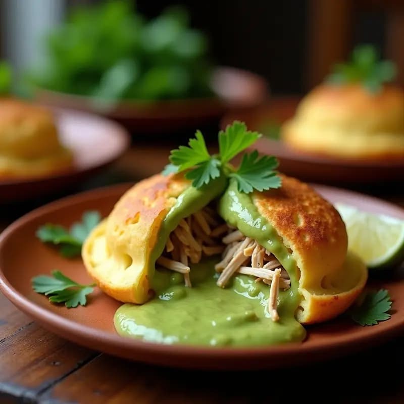 Arepa de ñame dorada y crujiente rellena de guasacaca cremosa y pollo desmechado jugoso, servida en plato rústico de barro con decoración de cilantro fresco y rodaja de limón.