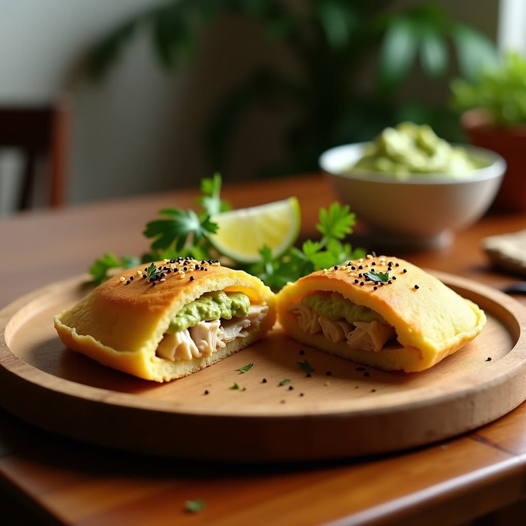Arepa de ñame dorada y crujiente cortada por la mitad, rellena de pollo desmenuzado jugoso y guasacaca cremosa de aguacate, servida en un plato blanco con fondo rústico. Receta venezolana sin gluten en airfryer.