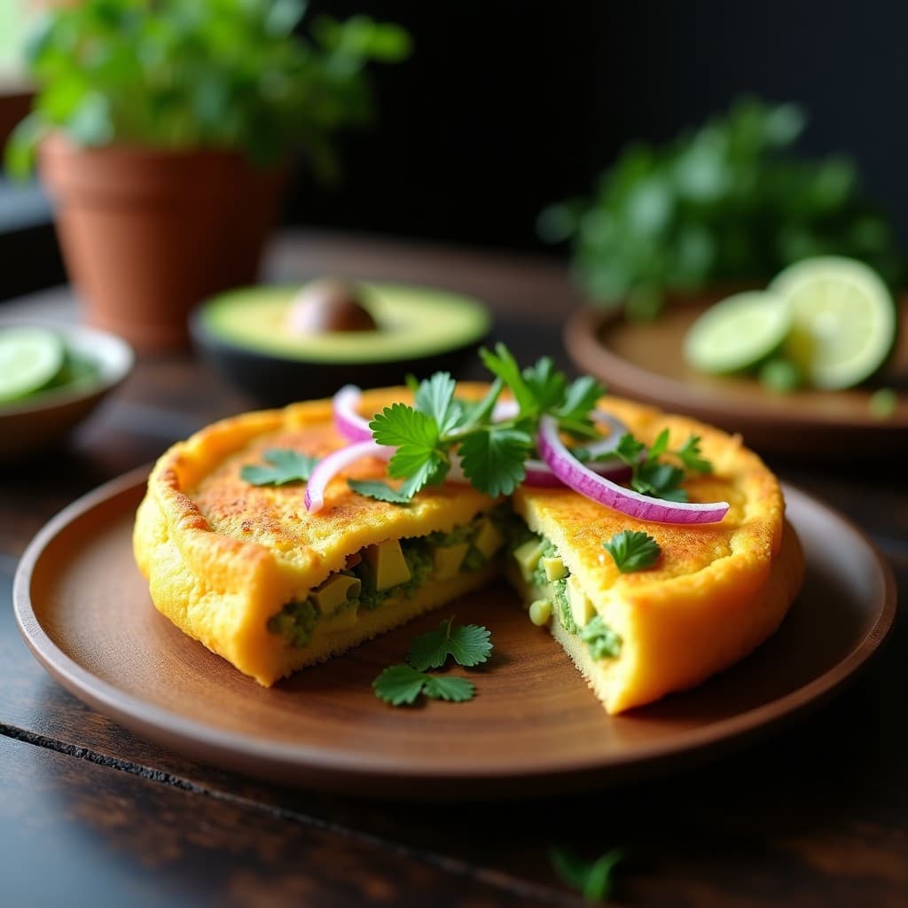 Arepa dorada y crujiente de ñame y queso de anacardos, cortada por la mitad y rellena de aguacate en cubos, cebolla morada y cilantro fresco, servida sobre un plato de madera rústica con fondo borroso.