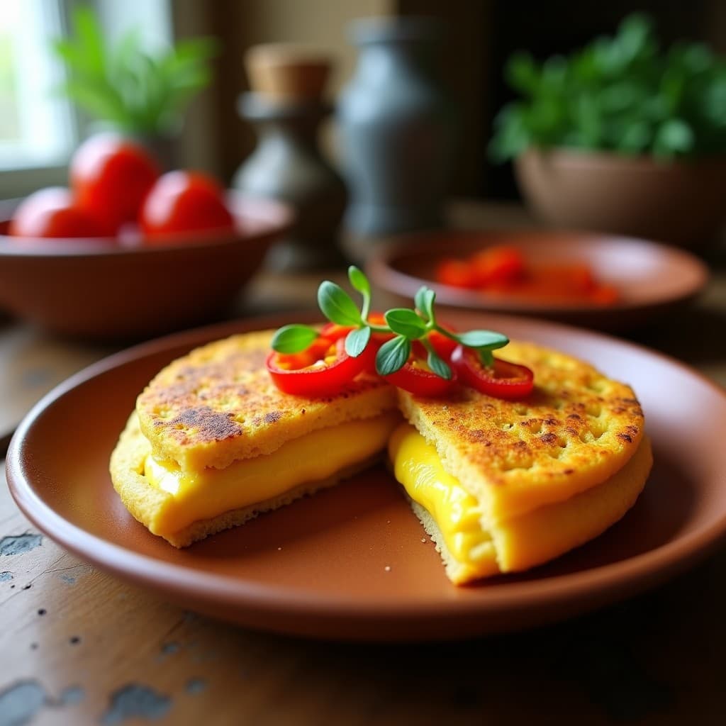 Arepa dorada de ñame rellena de queso vegano de cúrcuma, decorada con cebollino fresco y semillas de sésamo, servida en un plato de barro rústico con fondo de madera oscura.