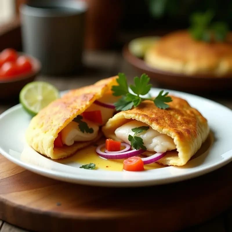 Arepa dorada de harina de yuca abierta por la mitad, rellena de filetes de pabllo a la plancha desmenuzado, cebolla morada, tomate y cilantro fresco, sobre un plato de cerámica blanca con fondo rústico.