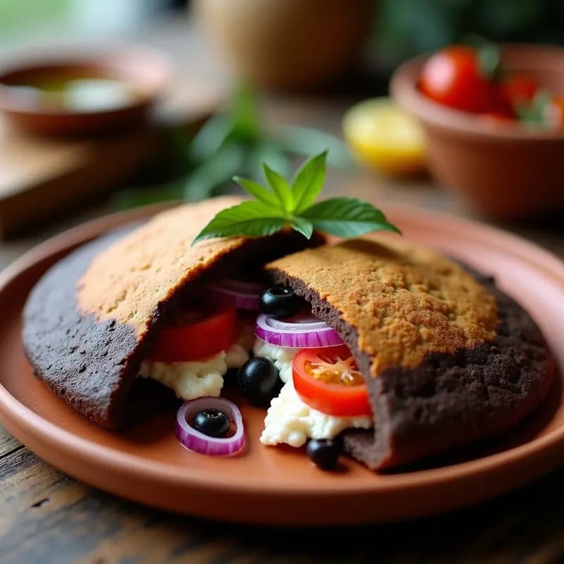 Arepa de pan negro griego con textura esponjosa y corteza dorada, rellena de queso blanco desmenuzado, cebolla morada, tomates cherry y aceitunas kalamata. Plato principal fusion venezolano-griego servido en un plato rústico de barro.