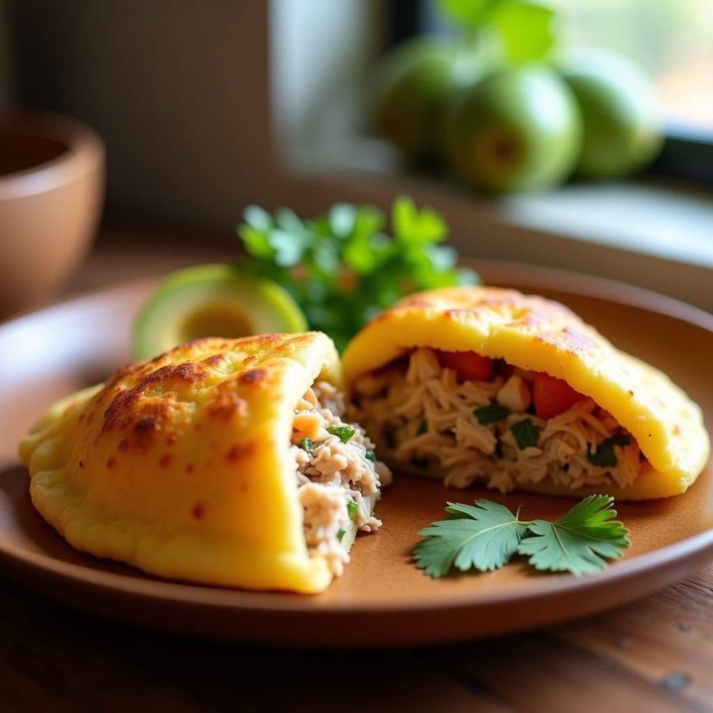Arepa dorada de yuca abierta por la mitad, rellena de pavo desmenuzado en salsa de guayaba y cilantro, acompañada de hojas verdes frescas y rodajas de guayaba en un plato de madera para tupper.