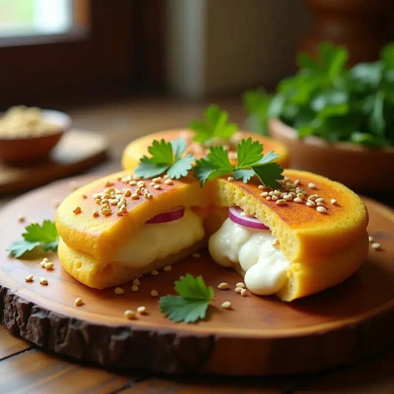 Arepa dorada y crujiente de plátano macho rellena de queso cremoso de almendras, servida en plato de barro con cilantro fresco y rodajas de cebolla morada. Receta colombiana sin harina de maíz, keto y sin gluten.