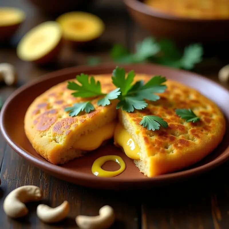 Arepa dorada de plátano maduro cortada por la mitad, rellena de queso cremoso de anacardo, con hojas de cilantro fresco y un hilo de queso derretido encima, sobre un plato de barro rústico con fondo de madera oscura.