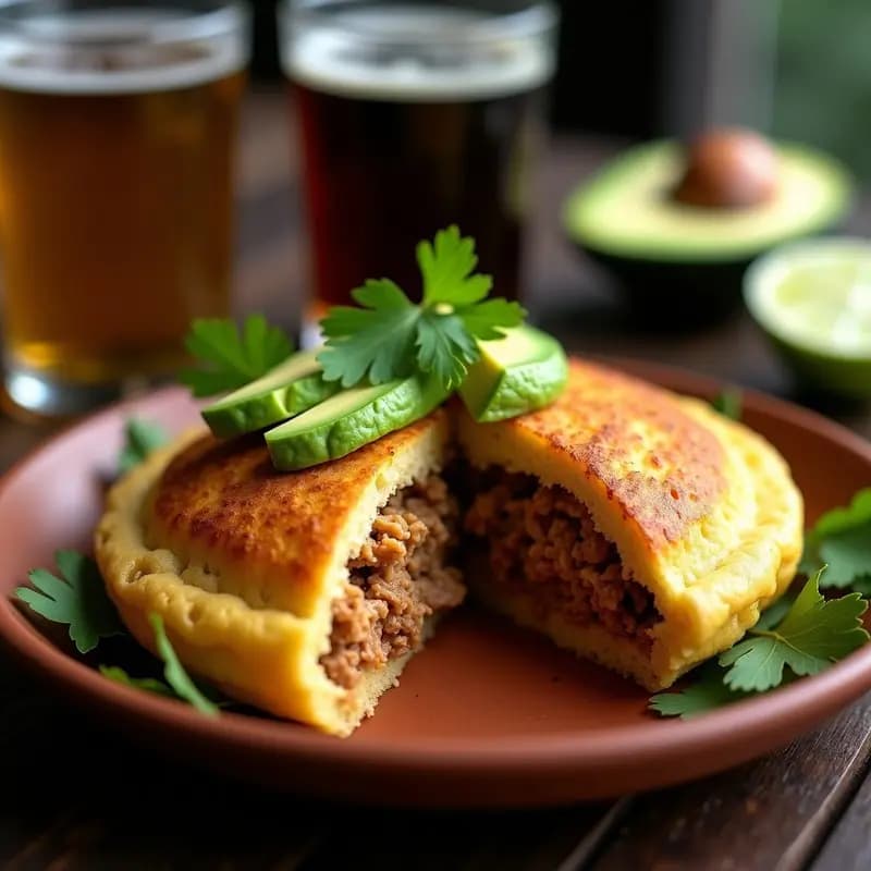 Arepa colombiana dorada y crujiente abierta por la mitad, rellena de pollo desmechado jugoso y láminas de aguacate verde, servida sobre un plato de barro con rodajas de limón y cilantro fresco. Receta en airfryer con toque profesional.