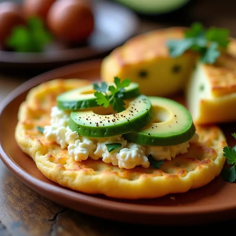 Arepa venezolana dorada y crujiente abierta por la mitad, rellena de queso fresco de búfala desmenuzado y láminas de aguacate hass, espolvoreada con cilantro picado y pimienta negra, sobre un plato de barro rústico con fondo de cocina tradicional.