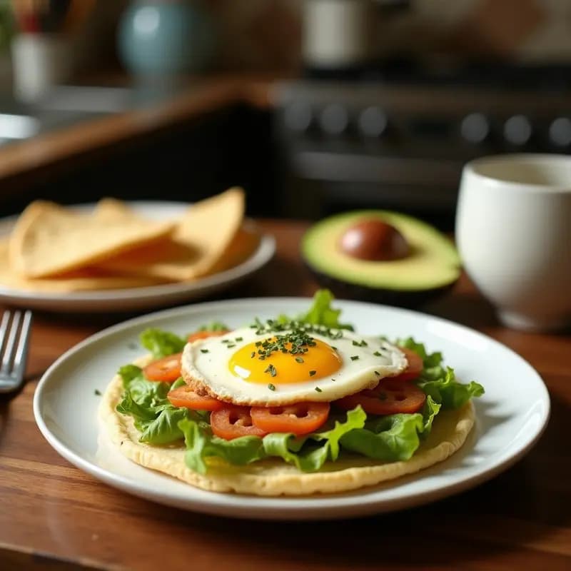 Arepa venezolana dorada y crujiente abierta por la mitad, rellena de queso blanco desmenuzado, aguacate cremoso con limón y cebollín, coronada con un huevo frito de yema líquida y pimienta negra, servida en un plato rústico de barro con fondo de madera.
