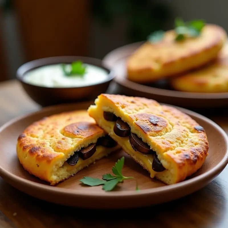 Arepa dorada y crujiente rellena de queso ahumado fundido y hongos portobello, servida en un plato de cerámica blanca con perejil fresco espolvoreado, receta colombiana en airfryer sin harina.