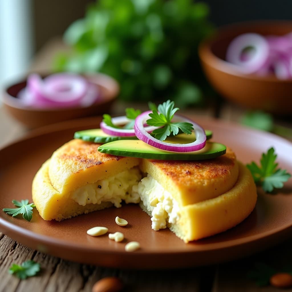 Arepa dorada y crujiente rellena de queso de almendras cremoso y láminas de aguacate maduro, acompañada de cebolla morada y cilantro fresco, sobre un plato de madera rústico.