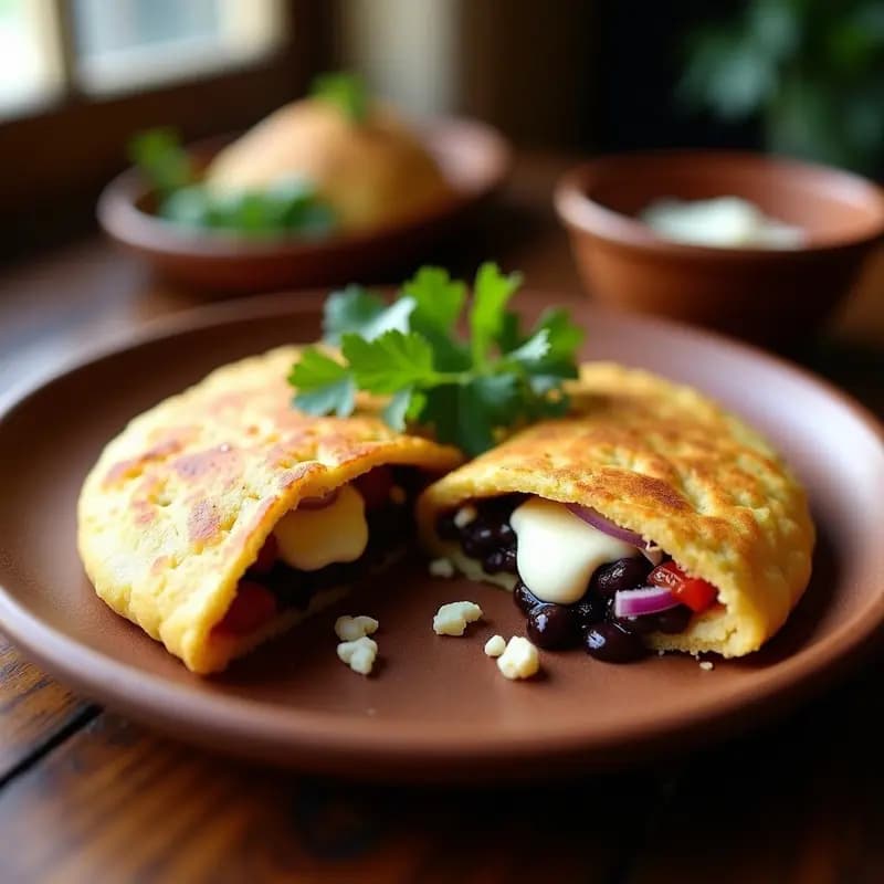 Arepa venezolana dorada y crujiente abierta por la mitad, rellena de queso blanco desmenuzado derretido y una mezcla humeante de caraotas negras con cebolla morada y cilantro. Plato rústico de barro con fondo de mesa de madera.