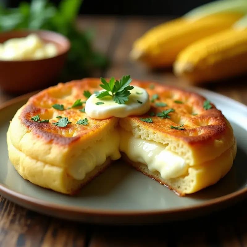 Arepa venezolana dorada y crujiente rellena de queso blanco desmenuzado, acompañada de mantequilla de ajo derretida y perejil fresco, sobre un plato de barro tradicional.
