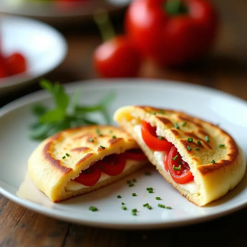 Arepa venezolana dorada y esponjosa de queso blanco y pimentón, abierta por la mitad mostrando su relleno de tiras de pimentón rojo asado, sobre un plato de cerámica blanca con fondo rústico.
