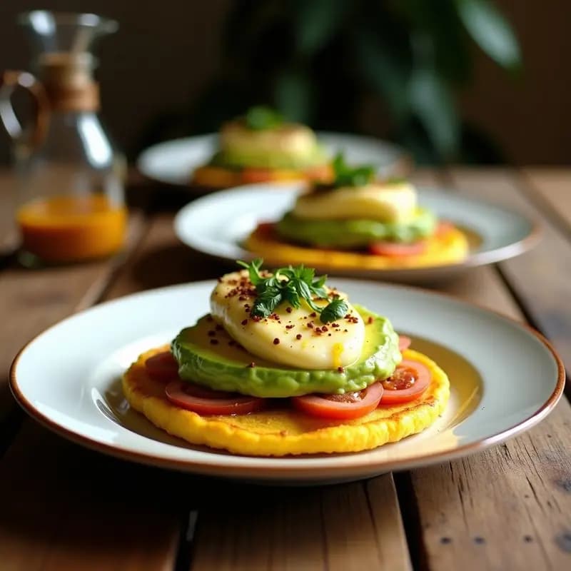 Arepa dorada y crujiente abierta por la mitad, rellena de queso de búfala cremoso, aguacate en cubos, tomates secos y hojas de albahaca, con un toque de aceite de oliva virgen extra, receta gourmet venezolana con influencia mediterránea.