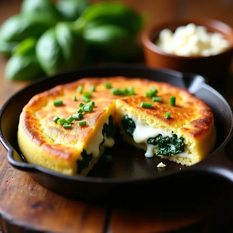 Arepa Venezuela dorada y crujiente abierta por la mitad, rellena de queso de cabra derretido y espinacas verdes, servida sobre un comal de hierro con cebollino fresco espolvoreado.