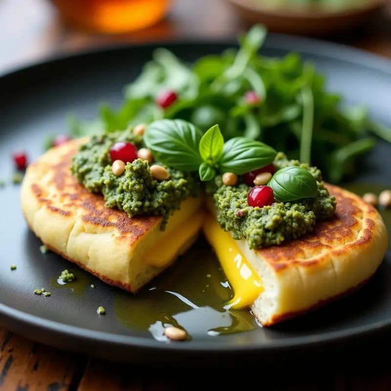 Arepa dorada y crujiente rellena de queso de cabra derretido, bañada con pesto de albahaca verde brillante y un hilo de aceite de oliva, sobre un plato de cerámica negra con fondo rústico.
