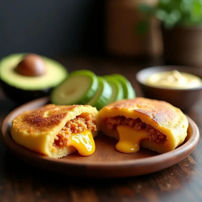 Arepa colombiana dorada y crujiente abierta por la mitad, rellena de queso fundido y chicharrón desmenuzado, servida en plato rústico con fondo de cocina tradicional.