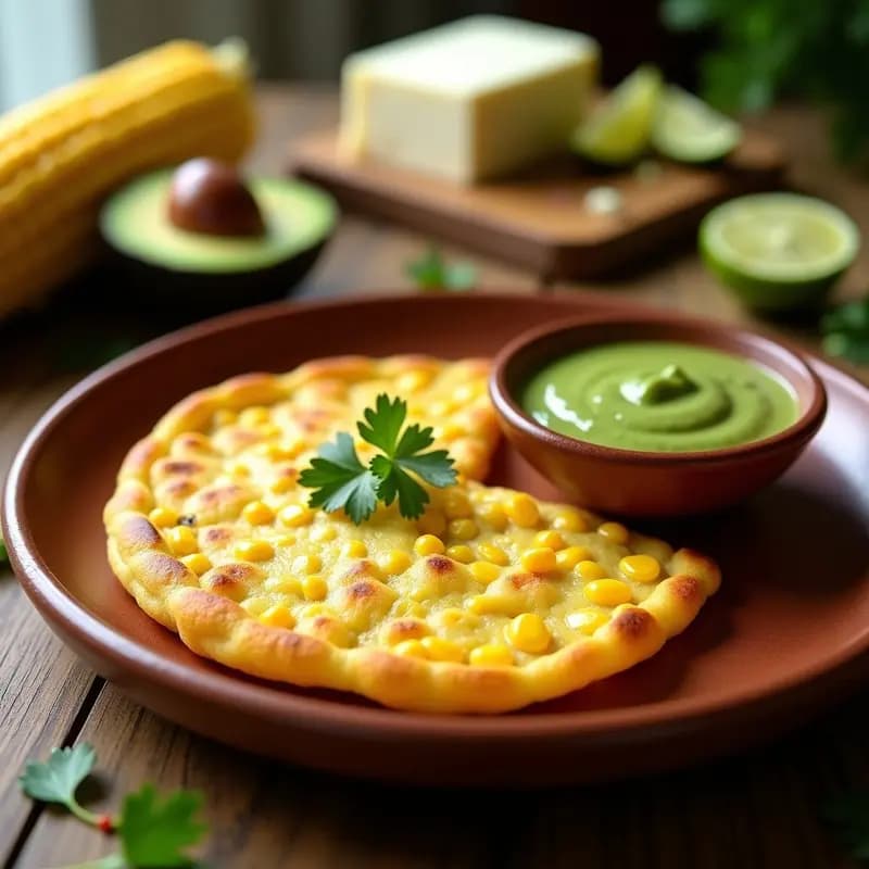 Arepa venezolana dorada y crujiente rellena de choclo y queso derretido, acompañada de una cremosa guasacaca verde en un plato de barro rústico sobre una mesa de madera con ingredientes frescos al fondo.