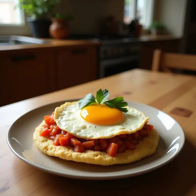 Arepa venezolana dorada y crujiente rellena de chorizo ibérico frito, queso fundido y huevo campero con yema líquida, servida en plato rústico con aceite brillante.