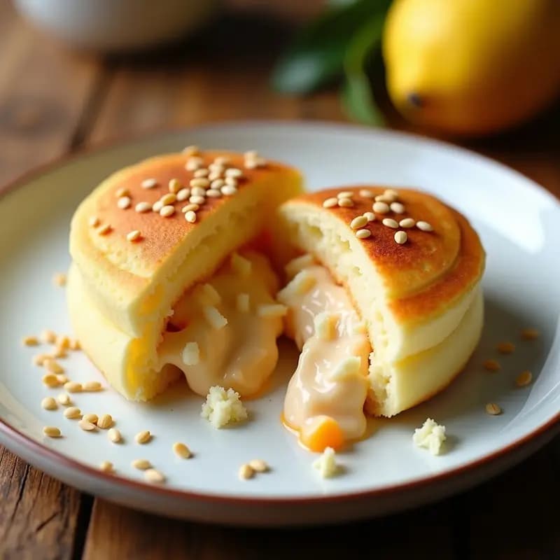 Arepa venezolana dorada y esponjosa abierta por la mitad, rellena de una mezcla cremosa de queso de guayaba y queso fresco desmenuzado, espolvoreada con semillas de ajonjolí tostadas, servida en un plato de cerámica blanca con fondo rústico.