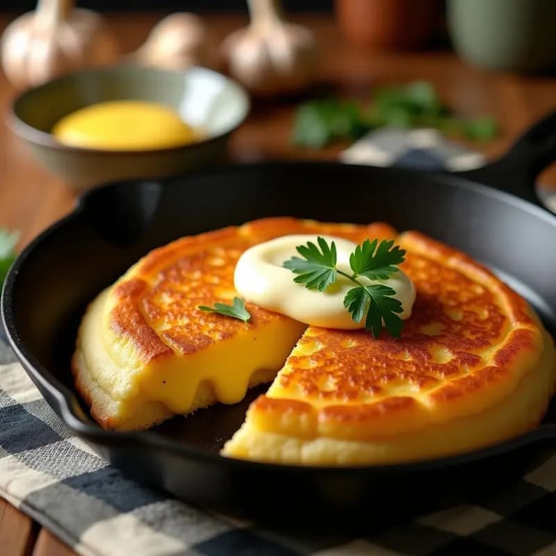 Arepa venezolana dorada y crujiente rellena de queso guayanés derretido, servida abierta con mantequilla de ajo brillante y perejil fresco, sobre un plato de barro rústico.