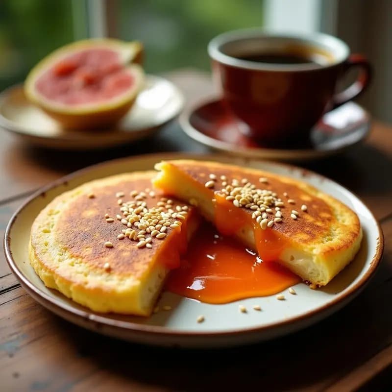 Arepa venezolana dorada y crujiente por fuera, abierta por la mitad, rellena de queso guayanés derretido y mermelada de guayaba brillante, con semillas de sésamo visibles en la masa. Plato rustico de barro con fondo de madera.