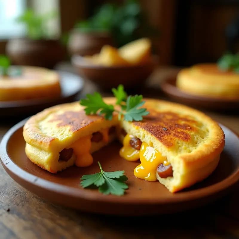Arepa venezolana dorada y crujiente rellena de queso Guyana derretido y trozos de plátano maduro, sobre un plato rústico de barro con hojas de cebollín como decoración. Receta sin harina de trigo.