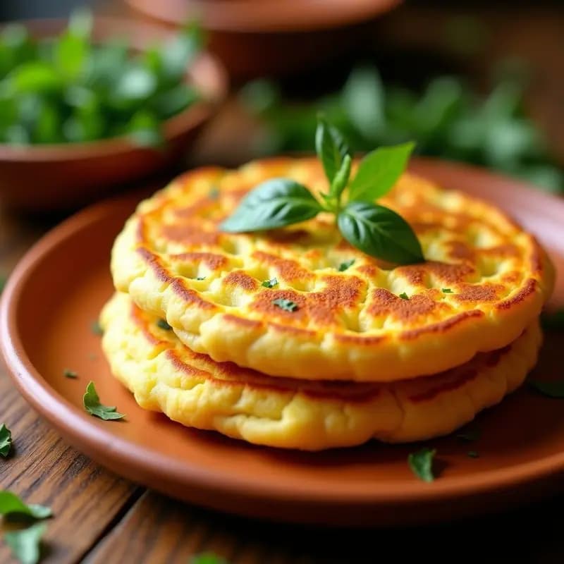 Arepa dorada y crujiente de queso guyanés con hojitas verdes de estragón, receta venezolana en airfryer, servida en un plato rústico de barro.