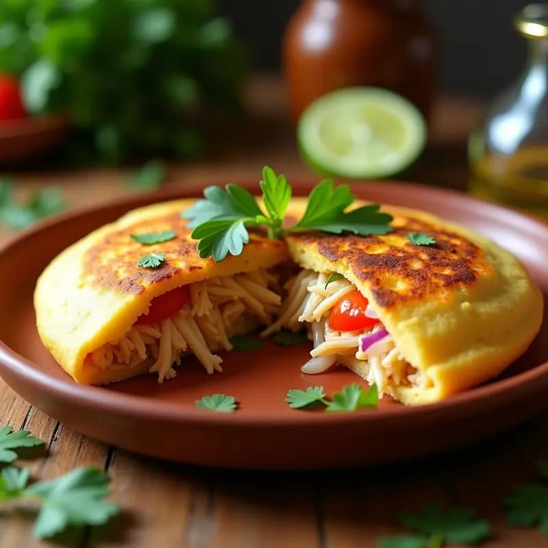 Arepa venezolana dorada y esponjosa abierta por la mitad, rellena de queso de mano derretido y pabello de pollo desmechado con ají dulce y cilantro fresco, servida en un plato rústico de barro.