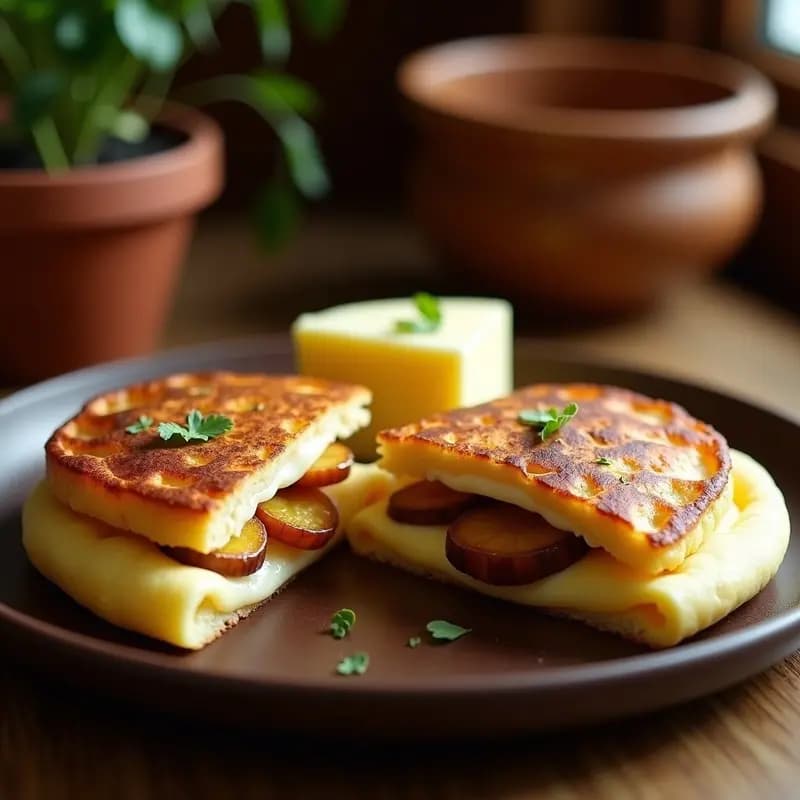 Arepa venezolana dorada y crujiente por fuera, rellena de queso de mano derretido y trozos de plátano maduro caramelizado, servida en un plato de barro con fondo desenfocado.
