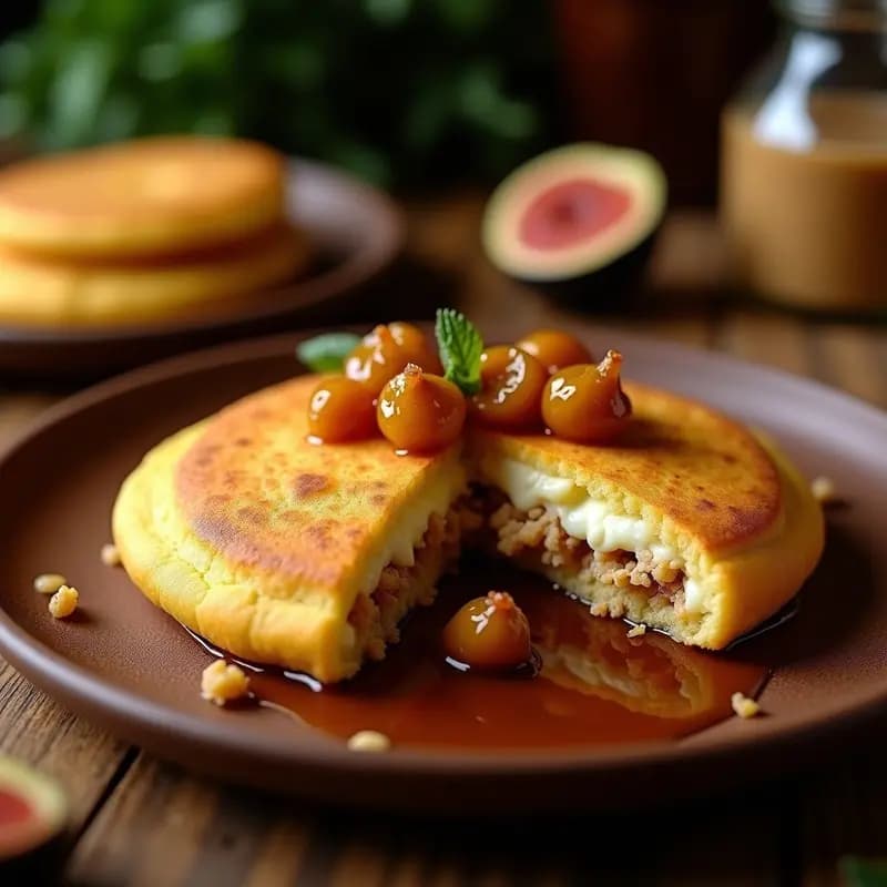 Arepa dorada y esponjosa de yuca rellena de queso palmito desmenuzado y higos caramelizados brillantes, servida en plato de barro con fondo rústico. Receta venezolana gourmet sin harina.
