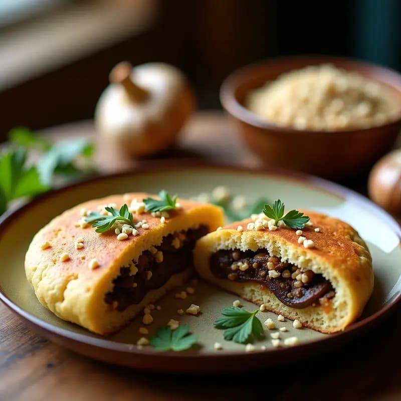 Arepa dorada y crujiente de quinoa y champiñones portobello, cortada por la mitad para mostrar su relleno jugoso, servida sobre un plato de barro con hojas de perejil fresco y rodajas de aguacate, receta keto y sin harina de maíz.