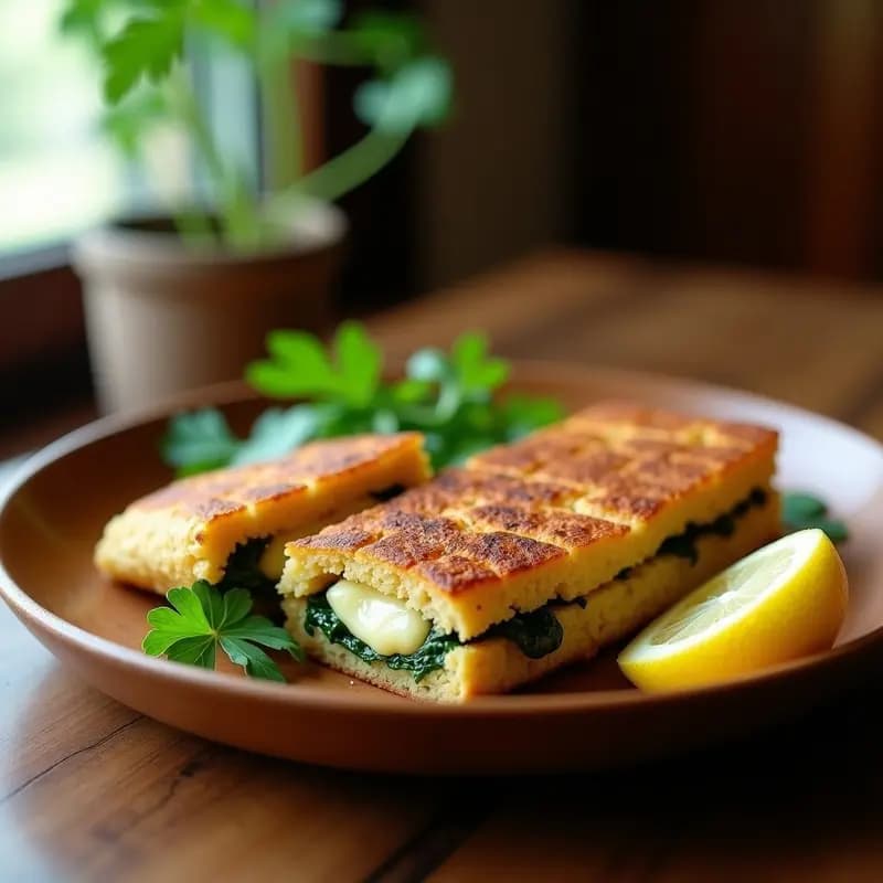 Arepa dorada de quinoa y espinacas cortada por la mitad, rellena de láminas de queso halloumi dorado y crujiente. Acompañada de hojas de perejil fresco y rodajas de limón sobre un plato de madera rústico. Desayuno venezolano sin harina, alto en proteína y con textura esponjosa.
