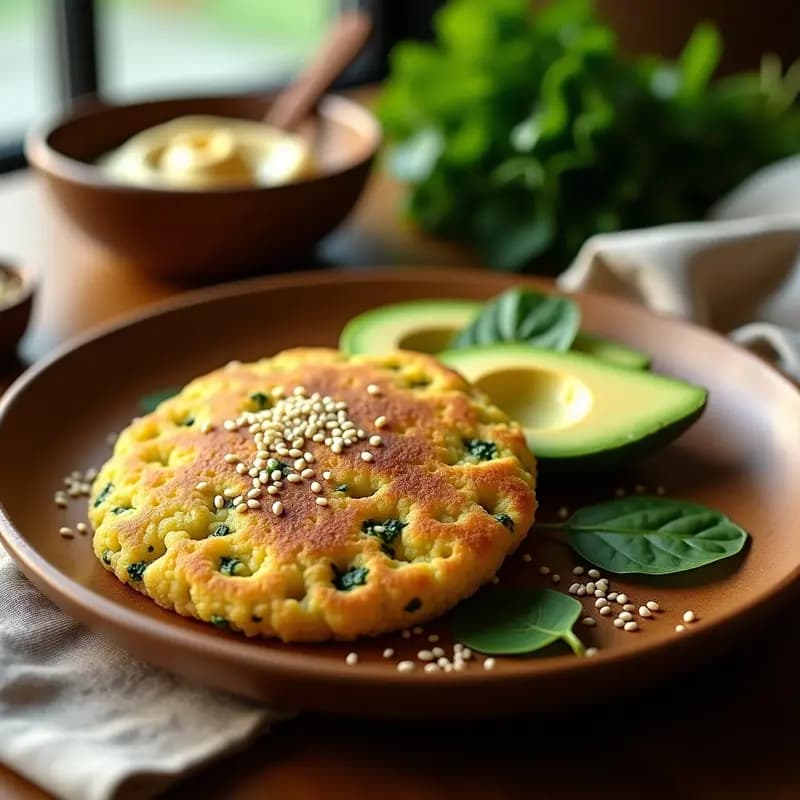 Arepa dorada de quinoa y espinacas sin harina, con textura crujiente por fuera y suave por dentro, servida en un plato rústico con rodajas de aguacate y semillas de sésamo. Receta venezolana alta en fibra y proteína.
