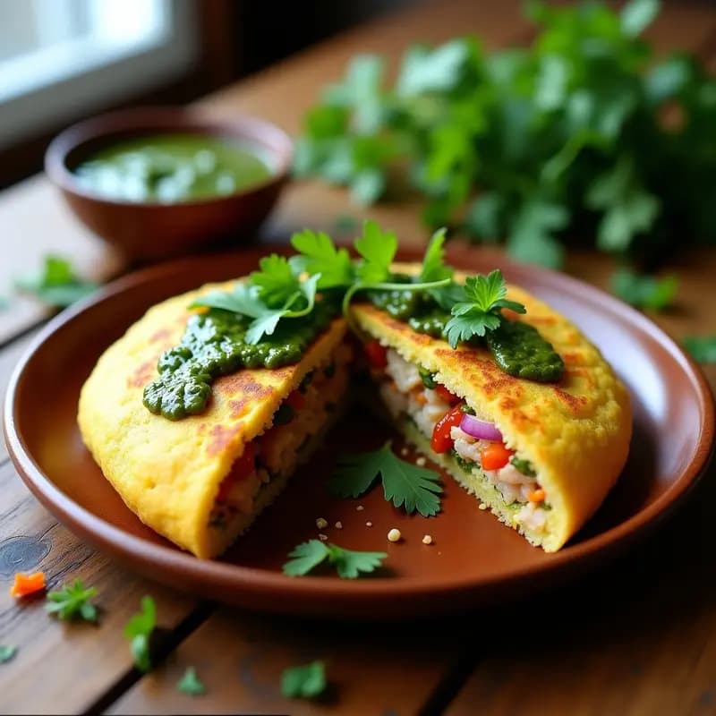 Arepa de quinoa y maíz azul cortada por la mitad, rellena de pollo al chimichurri con cebolla morada y pimiento rojo, servida en un plato de madera con hierbas frescas de fondo.