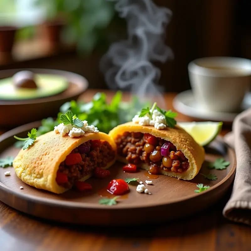 Arepa dorada de quinoa abierta por la mitad, rellena de pabello pike jugoso en salsa espesa con cebolla y pimiento, espolvoreada con queso blanco y cilantro fresco. Plato gourmet venezolano sin gluten.