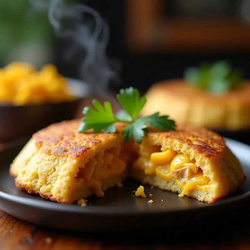 Arepa dorada de quinoa cortada por la mitad, rellena de pollo desmenuzado en salsa cremosa de ají amarillo, sobre un plato de cerámica negra con hojas de cilantro como decoración.