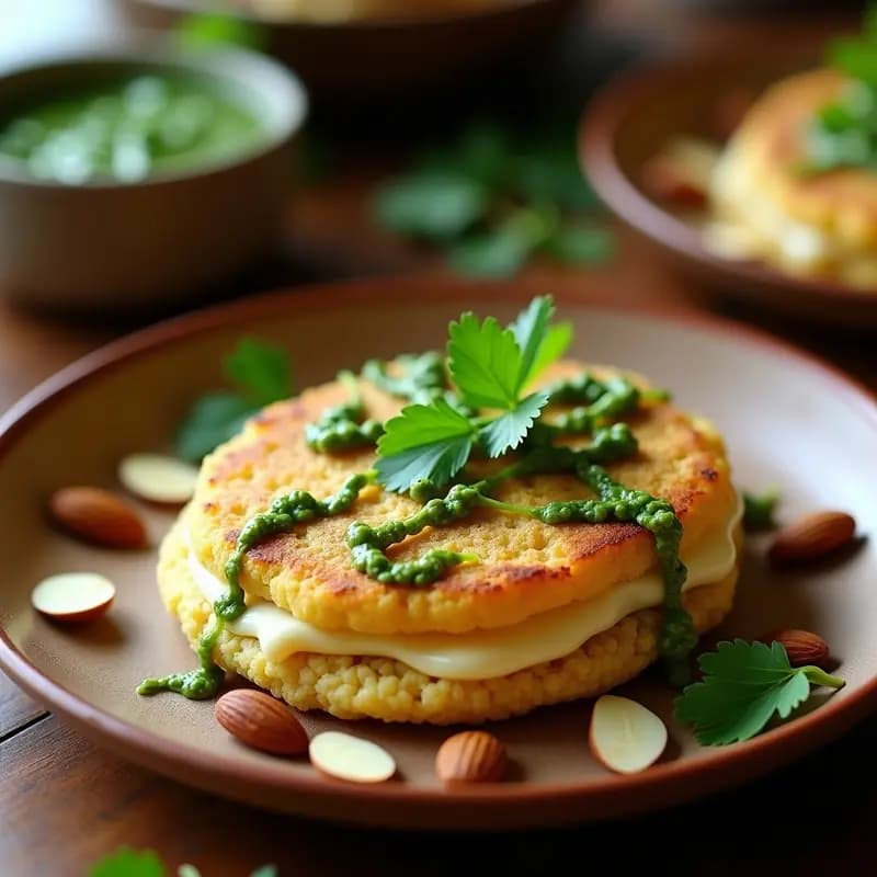 Arepa dorada de quinoa rellena de queso de cabra derretido, coronada con pesto de cilantro verde brillante, servida en plato de barro con fondo rústico. Desayuno venezolano sin gluten.