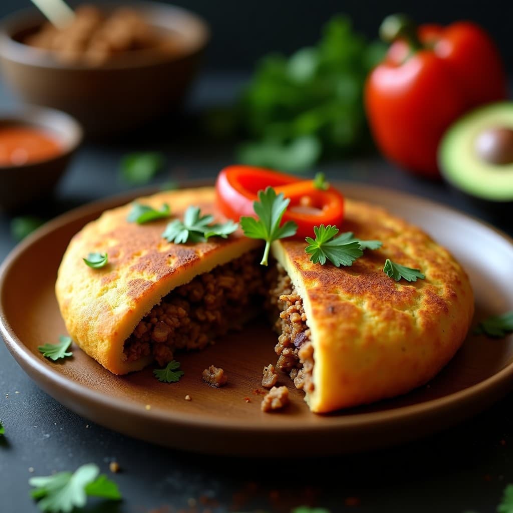 Arepa dorada y crujiente rellena de carne mechada de champiñones portobello, con textura jugosa y especiada, servida en un plato de barro con rodajas de aguacate y guasacaca al lado. Receta venezolana vegana en airfryer.