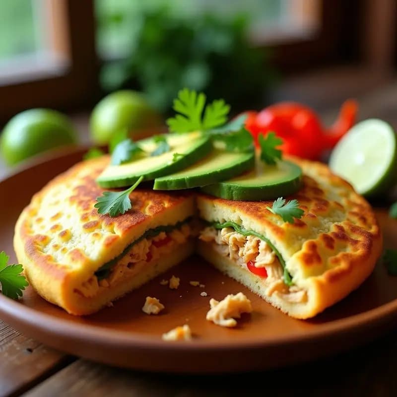 Arepa venezolana dorada y crujiente rellena de pollo desmenuzado especiado y trozos cremosos de aguacate, servida en un plato de madera con cilantro fresco.
