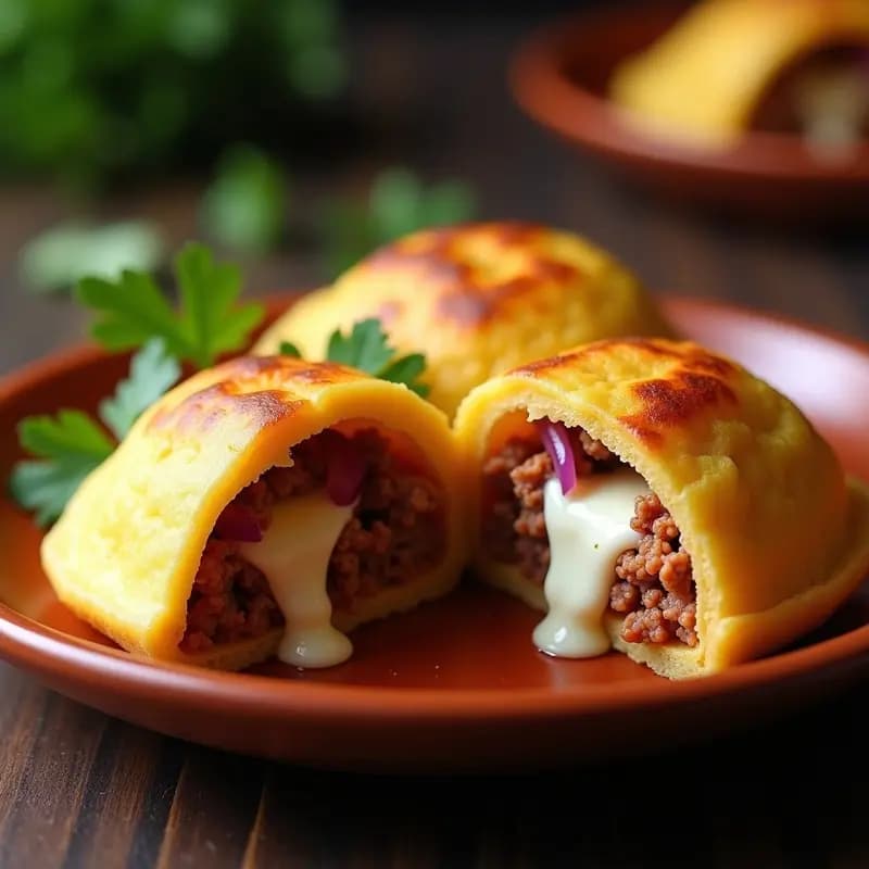 Arepa venezolana dorada y crujiente abierta por la mitad, rellena de chorizo criollo jugoso, queso blanco derretido, cebolla morada y ají dulce, con un toque de pimienta de cayena. Plato tradicional con contraste de texturas y sabores picantes.