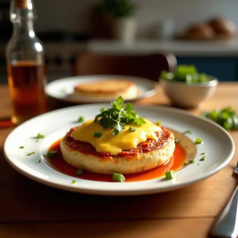 Arepa venolana dorada y esponjosa rellena de queso de cabra cremoso y trozos de higueras jugosas, servida en plato rústico de barro con cebollino fresco espolvoreado.