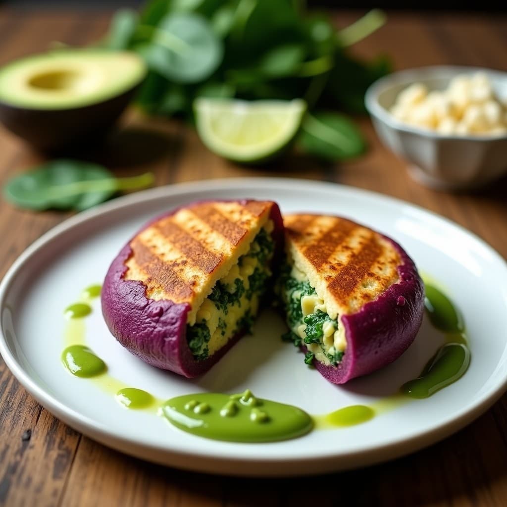 Arepa de yautía morada rellena de espinacas y queso de soja, dorada y crujiente por fuera, cortada por la mitad para mostrar su interior esponjoso y vibrante. Acompañada de una salsa verde y servida en un plato de cerámica blanca sobre una mesa de madera rústica.
