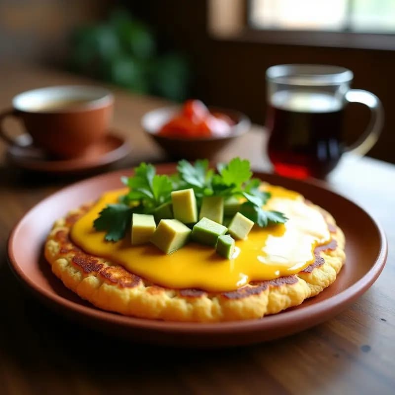 Arepa dominicana dorada y crujiente abierta por la mitad, rellena de queso vegano cremoso de semillas de girasol y salteado de pimentón rojo y cebolla morada, servida en plato de barro con aguacate en láminas al lado.