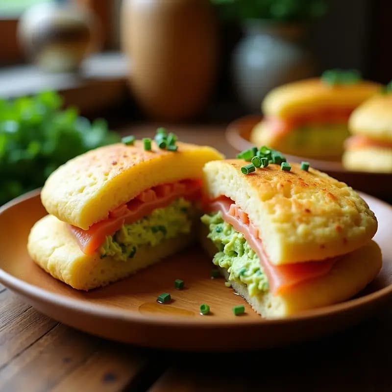 Arepa dorada de yuca abierta por la mitad, rellena de crema de aguacate verde brillante con trocitos de cebolla morada y cilantro, coronada con láminas de salmón ahumado rosado. Plato blanco rústico con fondo de madera oscura y hierbas frescas.