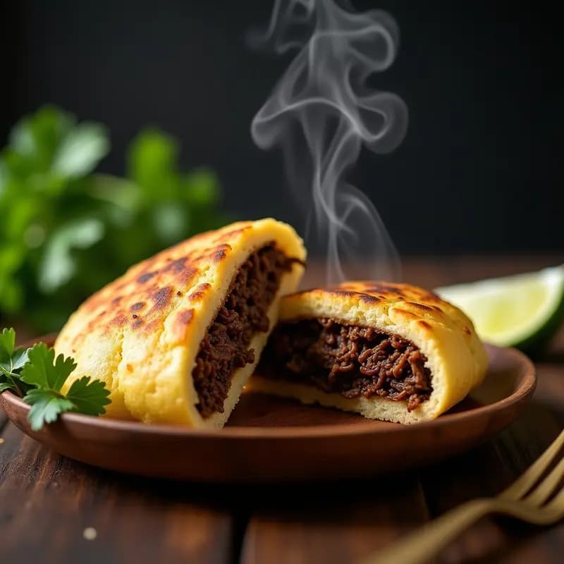 Arepa de yuca dorada y crujiente rellena de carnitas de hongos portobello, servida en un plato de madera con cilantro fresco y rodajas de limón verde. Receta colombiana vegana y sin gluten.