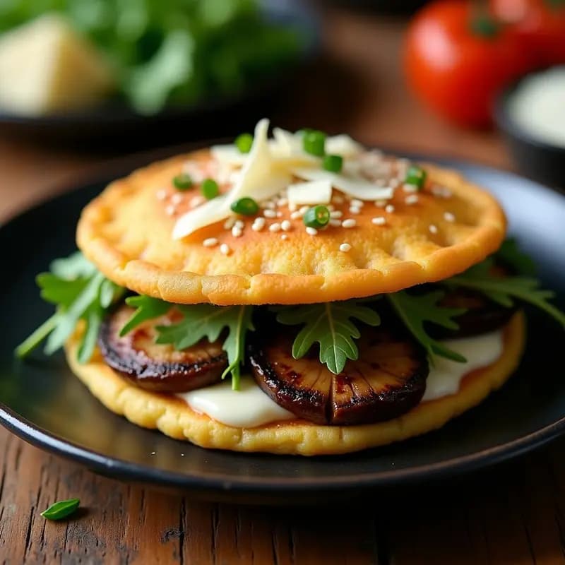 Arepa dorada y crujiente de yuca rellena de champiñones portobello asados en láminas, cebolla morada y rúcula baby, decorada con semillas de sésamo y virutas de queso parmesano, servida en plato de cerámica negra con fondo rústico.