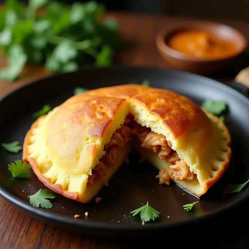 Arepa de yuca dorada y crujiente rellena de chicharrón de pollo, cocinada en comal, con textura esponjosa por dentro y superficie tostada, acompañada de cilantro fresco.