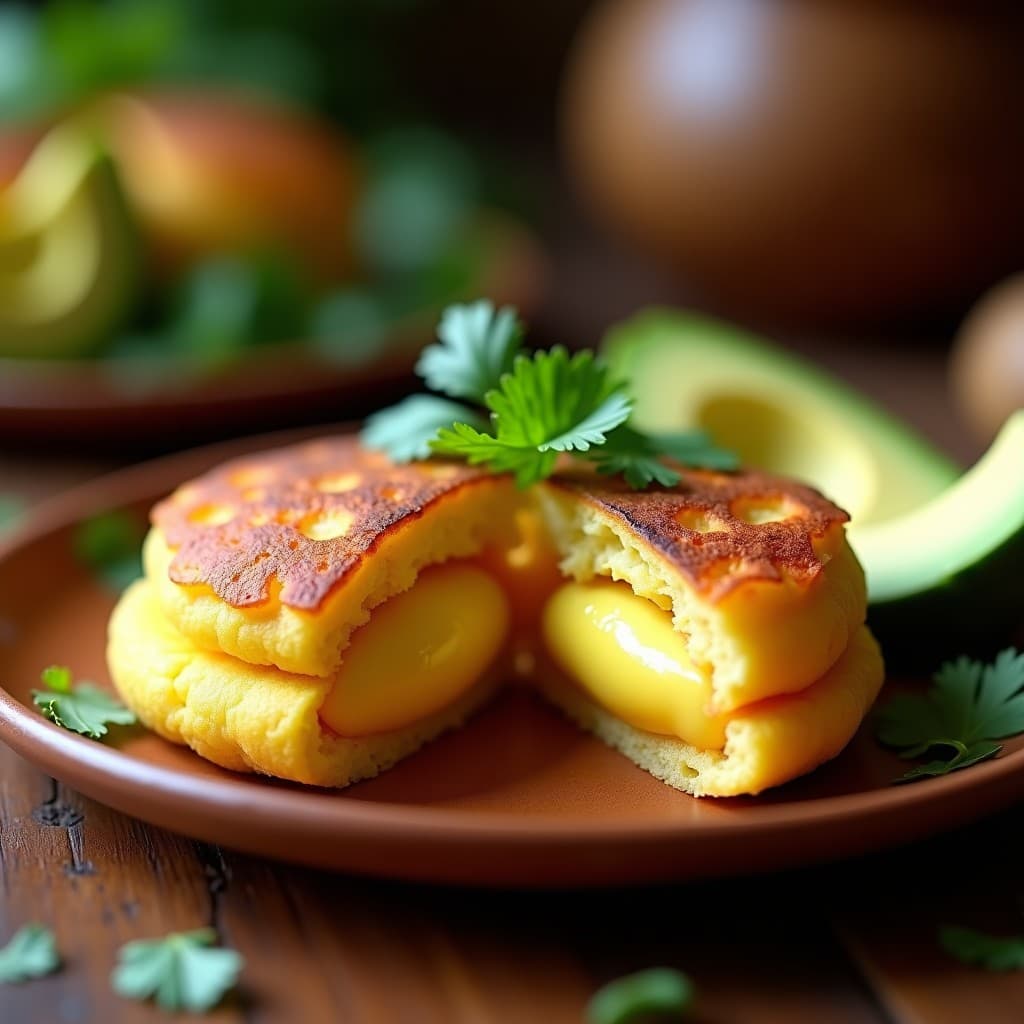 Arepa venezolana dorada y crujiente rellena de queso cremoso de semillas de girasol, servida en un plato rústico de barro con hojas de cilantro fresco y rodajas de aguacate al lado. Receta sin gluten y vegana.